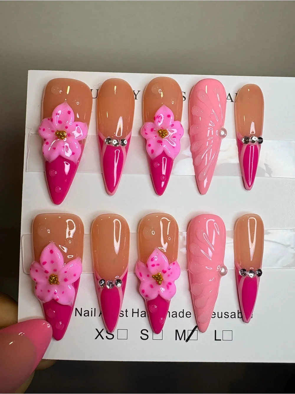 Floral Pink Stiletto Press-On Nails - Nude & Hot Pink